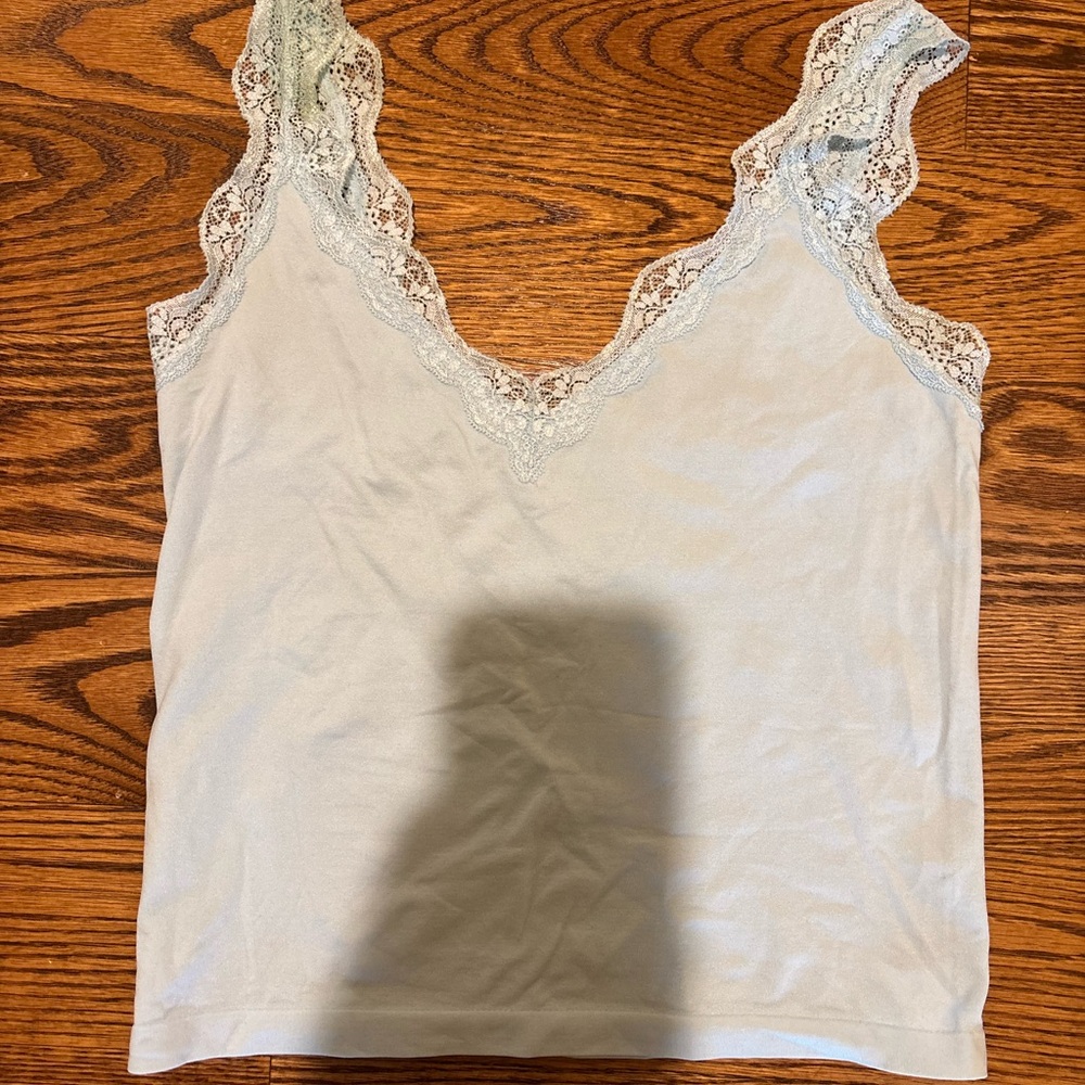 Lace Trim Sleeveless Waist Snatching Top Baby Blue